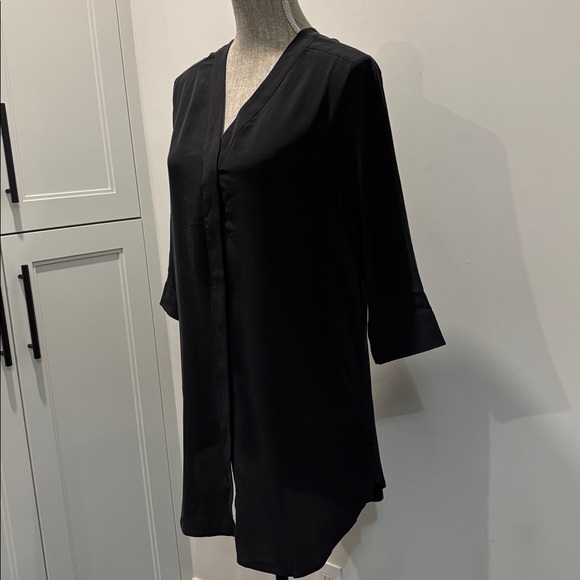AllSaints Black Silk Button Down Shift Dress Sheer Side Slits 3/4 Sleeve Size 4 - Picture 3 of 16